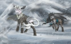 Size: 1371x849 | Tagged: safe, artist:scarletsfeed, oc, oc only, ambiguous species, pegasus, pony, clothes, duo, raised hoof, snow