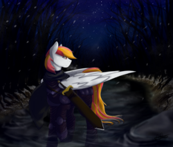 Size: 1440x1224 | Tagged: safe, artist:scarletsfeed, oc, oc only, oc:flame runner, oc:flamerunner firestorm, pegasus, pony, clothes, forest, large wings, path, river, snow, snowfall, solo, sword, weapon, wings, ych result