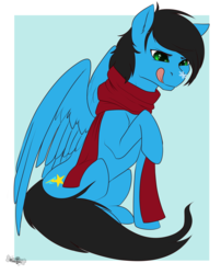 Size: 1968x2440 | Tagged: safe, artist:aurora sketch, oc, oc only, oc:lightning crash, pegasus, pony, clothes, scarf, snow, snowflake, solo, tongue out