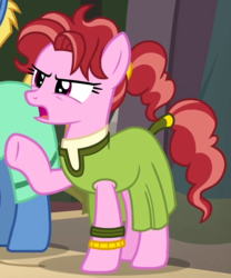 Size: 592x710 | Tagged: safe, screencap, mosiah, pepperberry (g4), earth pony, pony, daring done?, g4, background pony, clothes, cropped, dress, female, mare, raised hoof, solo focus, somnambula resident, tail wrap