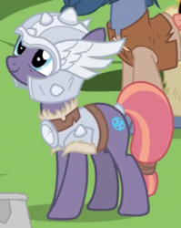 Size: 310x390 | Tagged: safe, screencap, hayrick the blue, sun cross, earth pony, pony, campfire tales, g4, armor, background pony, cropped, female, helmet, looking up, mare, mighty helm, solo focus