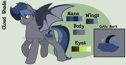 Size: 1868x964 | Tagged: safe, artist:ipandacakes, oc, oc only, oc:cloud shade, bat pony, pony, male, reference sheet, solo, stallion, tongue out