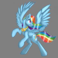 Size: 5700x5640 | Tagged: safe, artist:caramelsunset, rainbow dash, pegasus, pony, g4, absurd resolution, backwards cutie mark, element of loyalty, female, gray background, rearing, simple background, solo, spread wings, wings