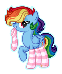 Size: 573x676 | Tagged: safe, artist:dianamur, rainbow dash, pegasus, pony, g4, alternate hairstyle, backwards cutie mark, bedroom eyes, clothes, female, looking at you, mare, mouth hold, simple background, socks, solo, striped socks, transparent background