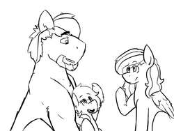 Size: 800x600 | Tagged: safe, artist:sapphireshy, big macintosh, fluttershy, oc, oc:flare shy, g4, beard, black and white, facial hair, father and daughter, female, filly, grayscale, male, monochrome, offspring, older, parent:big macintosh, parent:fluttershy, parents:fluttermac, ship:fluttermac, shipping, straight