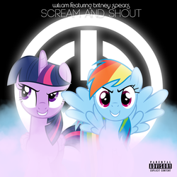 Size: 800x800 | Tagged: dead source, safe, artist:penguinsn1fan, artist:rolin11, artist:uxyd, rainbow dash, twilight sparkle, alicorn, pegasus, pony, g4, advisory, album, album cover, britney spears, cover, duo, female, looking at you, mare, parental advisory, parody, ponified, ponified album cover, scream and shout, smiling, song reference, spread wings, standing, twilight sparkle (alicorn), will.i.am, wings