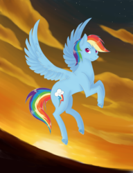Size: 1200x1563 | Tagged: safe, artist:flaming-trash-can, rainbow dash, pegasus, pony, g4, cloud, female, flying, mare, sky, solo, spread wings, stars, sunset, wings