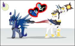 Size: 1024x631 | Tagged: safe, artist:mlp-trailgrazer, oc, oc only, oc:harmonic mayhem, oc:midnight fire, alicorn, hybrid, pony, female, interspecies offspring, male, mare, multiple heads, offspring, parent:discord, parent:princess celestia, parent:princess luna, parent:stygian, parents:dislestia, parents:styluna, two heads