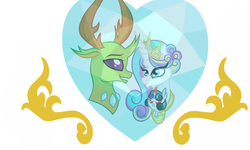 Size: 960x576 | Tagged: safe, artist:owocrystalcatowo, princess flurry heart, thorax, oc, oc:shy heart, changedling, changeling, changepony, pony, g4, crack shipping, female, interspecies offspring, king thorax, male, offspring, older, parent:princess flurry heart, parent:thorax, parents:flurrax, ship:flurrax, shipping, straight