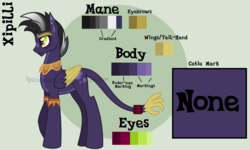 Size: 1339x806 | Tagged: safe, artist:ipandacakes, oc, oc only, oc:xipilli, hybrid, interspecies offspring, male, offspring, parent:ahuizotl, parent:daring do, parents:darizotl, reference sheet, solo