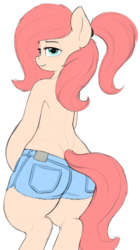 Size: 897x1604 | Tagged: safe, artist:zippysqrl, oc, oc only, oc:tre, semi-anthro, bipedal, clothes, denim shorts, female, lidded eyes, looking back, ponytail, shorts, simple background, transparent background