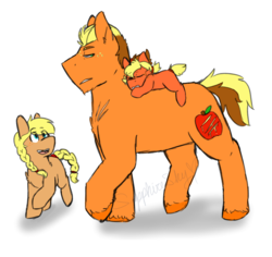 Size: 1800x1700 | Tagged: safe, artist:sapphireshy, oc, oc only, oc:cinnamon apple, oc:gala, oc:tumble, earth pony, pony, braid, brother and sister, female, filly, male, offspring, parent:applejack, parent:caramel, parents:carajack, ponies riding ponies, riding, signature, simple background, stallion, white background