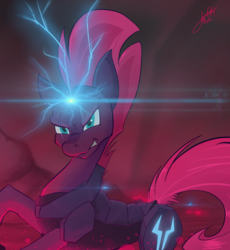 Size: 1024x1115 | Tagged: safe, artist:sadrodent, tempest shadow, pony, g4, my little pony: the movie, angry, armor, broken horn, eye scar, female, glowing horn, gritted teeth, horn, mare, raised leg, scar, solo, sparking horn