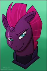 Size: 488x738 | Tagged: safe, artist:skullest, fizzlepop berrytwist, tempest shadow, pony, g4, my little pony: the movie, armor, broken horn, eye scar, female, horn, looking at you, mare, scar, smiling, solo