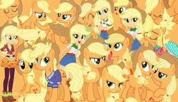 Size: 1179x678 | Tagged: safe, artist:ajpiedash, applejack, earth pony, human, pony, equestria girls, g4, applejack is best facemaker, applejack's hat, applejewel, camp everfree outfits, cowboy hat, cute, desktop background, determined, eyes closed, food, freckles, happy, hat, human ponidox, jackabetes, jackletree, looking at you, messy mane, multeity, orange, self ponidox, silly, silly pony, sitting, sleeping, smiling, tongue out, wallpaper, who's a silly pony