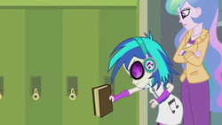 Size: 1280x720 | Tagged: safe, screencap, dj pon-3, princess celestia, principal celestia, vinyl scratch, equestria girls, g4, music to my ears, my little pony equestria girls: rainbow rocks, blazer, book, celestia is not amused, clothes, dress, headphones, lockers, unamused