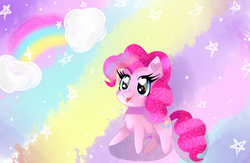 Size: 1150x750 | Tagged: safe, artist:sweethearts11, pinkie pie, pony, g4, chest fluff, chibi, female, heart eyes, rainbow, solo, tongue out, wingding eyes