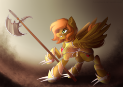 Size: 2777x1976 | Tagged: safe, artist:airiniblock, oc, oc only, oc:camber, pegasus, pony, rcf community, armor, commission, female, halberd, mare, raised hoof, solo, weapon, ych result