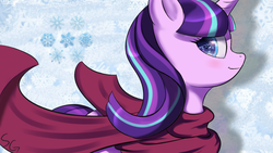 Size: 2560x1440 | Tagged: safe, artist:stargazer carp, starlight glimmer, pony, unicorn, g4, clothes, female, mare, original, pentagram, scarf, simple background, smiling, snow, snowflake, solo, starry eyes, wingding eyes