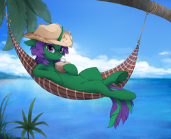 Size: 2000x1623 | Tagged: safe, artist:reysi, oc, oc only, oc:buggy code, pony, unicorn, beach, cloud, coconut, coconut cup, curved horn, drinking, drinking straw, food, hammock, horn, male, palm tree, relaxing, sky, solo, stallion, tree, water