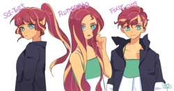 Size: 1212x637 | Tagged: safe, artist:dusty-munji, sunset shimmer, human, equestria girls, g4, alternate hairstyle, clothes, female, jacket, long hair, pixie cut, ponytail, short hair, simple background, solo, white background