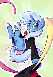 Size: 826x1181 | Tagged: safe, artist:haden-2375, trixie, pony, unicorn, g4, clothes, costume, covering, cute, diatrixes, duit, female, hat, horn, looking at you, magician, mare, smiling, solo, top hat, wand