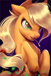 Size: 1298x1934 | Tagged: safe, artist:imalou, applejack, earth pony, pony, g4, badass, cowboy hat, female, freckles, frown, hat, haystick, mare, open mouth, rearing, smiling, solo, stetson