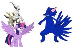 Size: 1552x1024 | Tagged: safe, twilight sparkle, alicorn, arceus, fox, hedgehog, hybrid, kitsune, pony, g4, angry, crossover, female, gritted teeth, kyuubi, male, mare, naruto, pokémon, sharp teeth, simple background, sonic the hedgehog, sonic the hedgehog (series), sonic.exe, spread wings, twilight sparkle (alicorn), vector, white background, why, wings