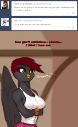 Size: 785x1273 | Tagged: safe, artist:darkestmbongo, oc, oc only, oc:gaia, griffon, anthro, ask ddthemaid, animated, ask, chest fluff, clothes, confused, crossed arms, dialogue, female, folded wings, form fitting, lesbian, pants, tank top, tumblr