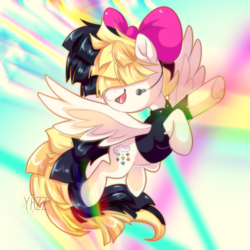 Size: 800x800 | Tagged: safe, artist:xwhitex77, songbird serenade, pegasus, pony, g4, my little pony: the movie, abstract background, bow, female, flying, hair bow, headworn microphone, microphone, solo, spread wings, wings