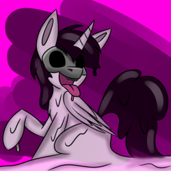 Size: 2325x2328 | Tagged: safe, artist:askhypnoswirl, oc, oc only, alicorn, goo pony, original species, pony, abstract background, alicorn oc, black sclera, high res, mask, raised hoof, sitting, skull, tongue out