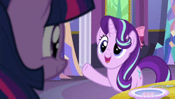 Size: 1280x720 | Tagged: safe, edit, edited screencap, screencap, starlight glimmer, twilight sparkle, alicorn, pony, unicorn, g4, no second prances, animated, banner, boop, bow, bust, curtains, dining room, female, fork, freeze frame, friendship, glimmerposting, magic, meme, mountain, mural, pillar, plate, portrait, pouting, ribbon, sarcasm, self-boop, silverware, smug, smuglight glimmer, sound, spoon, table, talking, tree, twilight sparkle (alicorn), twilight's castle, webm