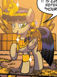 Size: 208x280 | Tagged: safe, artist:tonyfleecs, idw, official comic, queen cleopatrot, pegasus, pony, from the shadows, g4, spoiler:comic, spoiler:comic53, cropped, female, jewelry, mare, raised hoof, regalia, solo, speech bubble