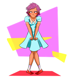 Size: 900x972 | Tagged: safe, artist:3lorenzo3, scootaloo, human, g4, blushing, clothes, cute, cutealoo, dress, embarrassed, female, humanized, knees pressed together, looking away, puffy sleeves, shoes, socks, solo, tomboy taming