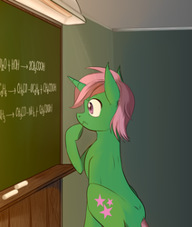 Size: 1186x1400 | Tagged: safe, artist:linadl, oc, oc only, oc:bright will, pony, unicorn, acetamide, acetic acid, chalk, chalkboard, chemistry, confused, ethyl acetate, solo, thinking, ych result