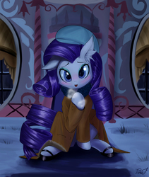 Size: 1570x1860 | Tagged: safe, artist:phoenixperegrine, rarity, pony, unicorn, beret, carousel boutique, clothes, coat, female, hat, looking at you, mare, mary janes, missing horn, solo