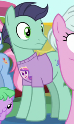 Size: 315x530 | Tagged: safe, screencap, grape stem, princess cadance, ring around, sun cloche, earth pony, pony, g4, once upon a zeppelin, baby, baby pony, background pony, bags under eyes, clothes, cropped, male, shirt, solo focus, stallion, t-shirt