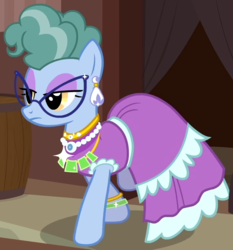Size: 625x670 | Tagged: safe, screencap, mrs. trotsworth, earth pony, pony, daring done?, g4, bracelet, clothes, cropped, dress, ear piercing, earring, glasses, glowpaz, jewelry, necklace, piercing, solo, somnambula resident