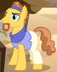 Size: 448x565 | Tagged: safe, screencap, taperet, earth pony, pony, daring done?, g4, background pony, clothes, cropped, crosscut saw, headband, male, mouth hold, name suggestion in the comments, saw, solo, somnambula resident, stallion
