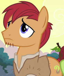 Size: 785x935 | Tagged: safe, screencap, burr laplander, hafgrimr varganing, earth pony, pony, campfire tales, g4, apple, background pony, cropped, food, male, solo, stallion