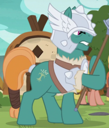 Size: 505x590 | Tagged: safe, screencap, jorunn, sigrid, yggdra silverhelm, earth pony, pony, campfire tales, g4, armor, background pony, cropped, helmet, male, mighty helm, solo focus, spear, stallion, tail wrap, weapon, yggdrasil