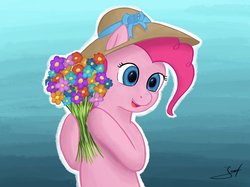 Size: 2691x2018 | Tagged: safe, artist:derpyjoel, pinkie pie, g4, digital art, female, flower, hat, high res, painting, solo, spring