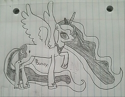 Size: 889x685 | Tagged: safe, princess luna, alicorn, pony, g4, female, lined paper, looking at you, mare, monochrome, raised hoof, signature, solo, spread wings, traditional art, wings