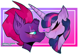 Size: 1129x788 | Tagged: safe, artist:villan0, fizzlepop berrytwist, tempest shadow, twilight sparkle, g4, my little pony: the movie, boop, broken horn, female, horn, lesbian, noseboop, ship:tempestlight, shipping