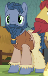 Size: 400x630 | Tagged: safe, screencap, hayrick the blue, sigurd firebeard, earth pony, pony, campfire tales, g4, background pony, beard, braided beard, clothes, cropped, facial hair, male, moustache, solo focus, stallion