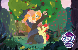 Size: 2048x1325 | Tagged: safe, bright mac, pear butter, g4, the perfect pear, apple tree, intertwined trees, pear tree, promotional art, tree