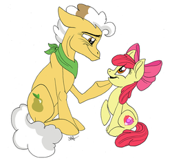 Size: 1100x1024 | Tagged: safe, artist:celestial-rainstorm, edit, apple bloom, grand pear, g4, cropped, grandfather and grandchild, heartwarming