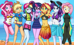 Size: 3300x2000 | Tagged: safe, artist:horsecat, applejack, fluttershy, pinkie pie, rainbow dash, rarity, sci-twi, sunset shimmer, twilight sparkle, equestria girls, equestria girls specials, g4, my little pony equestria girls: better together, my little pony equestria girls: forgotten friendship, armpits, beach, belly button, bikini, breasts, clothes, female, fluttershy's wetsuit, group shot, high res, humane five, humane seven, humane six, midriff, pinkie pie swimsuit, rarity's blue sarong, rarity's purple bikini, sci-twi swimsuit, swimsuit, tankini, wetsuit