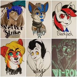 Size: 540x540 | Tagged: safe, artist:twisted-sketch, oc, oc only, oc:aiden, oc:blackjack, oc:mylo, oc:vectorstrike, oc:vipony, oc:wing, fallout equestria, badgecommissions, furry, tongue out, traditional art