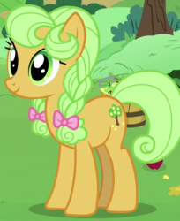 Size: 490x600 | Tagged: safe, screencap, goldie delicious, earth pony, pony, g4, the perfect pear, apple, bow, braid, cropped, female, food, hair bow, mare, solo, young goldie delicious, younger